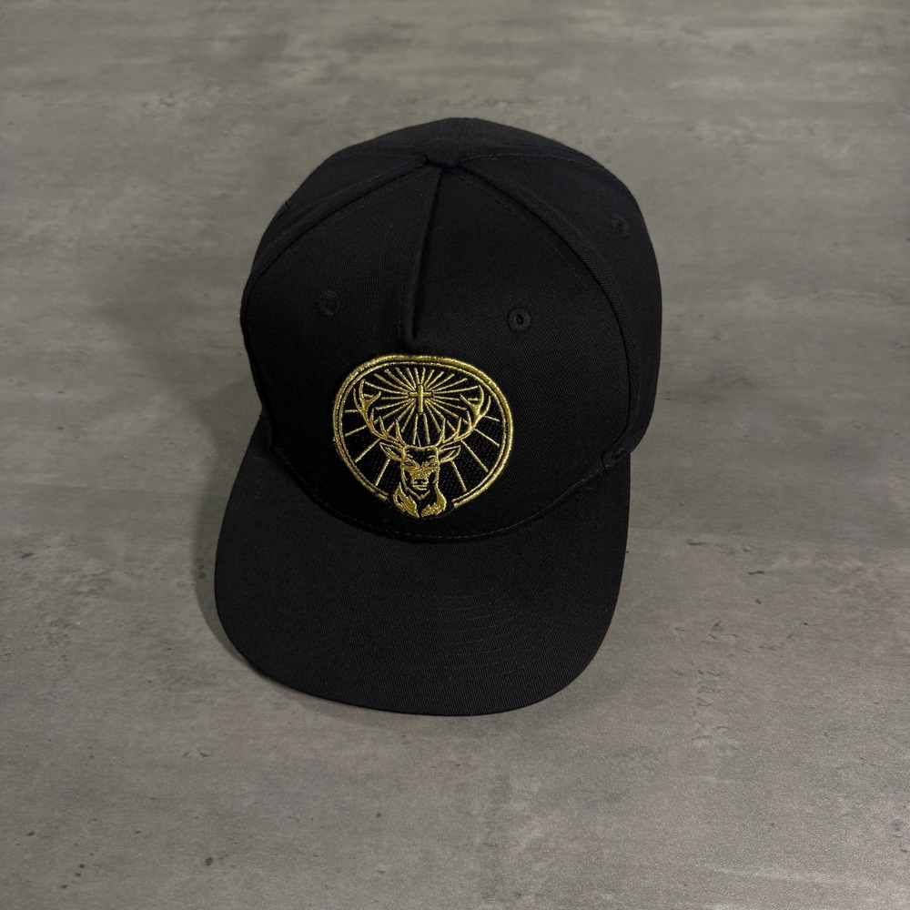 Jagermeister Snapback Hat Black Gold Embroidered Stag Logo Alcohol Promo Trucker